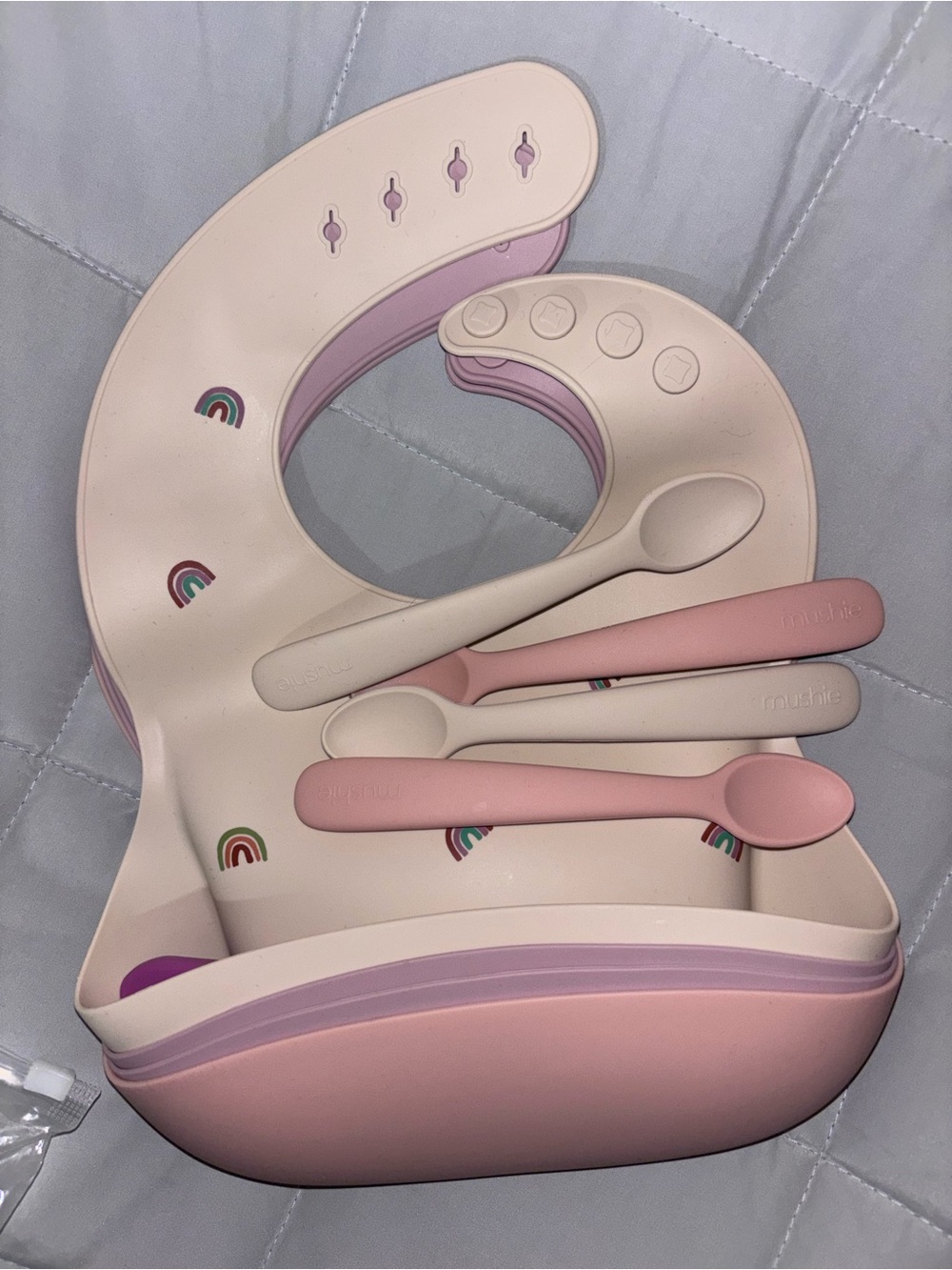 Silicone Baby Bib & Spoon Set - Pink & Cream | Unbranded
